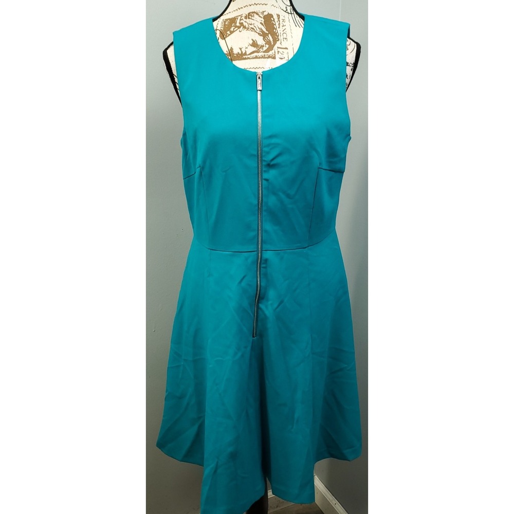 Calvin Klein Fit & Flare Dress Women 10 Blue Sleeveless Front Zipper Performance